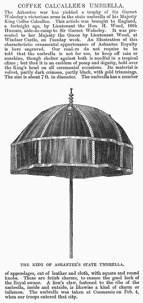 AFRICA: STATE UMBRELLA. The state umbrella of the king of Ashanti, in present day Ghana. Wood engraving, English, 1874