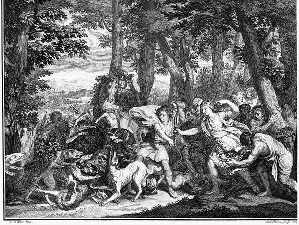 ATALANTA AND MELEAGER. Hunting the boar. Copper engraving, Dutch, 18th century, after a painting by Charles Le Brun (1619-1690)