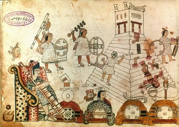 AZTEC SACRIFICE. Scene of human sacrifice before Aztec emperor