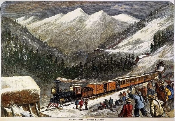 CHINESE LABOR: RAILROAD. Chinese laborers at snow sheds on the Central Pacific Railroad in California: colored engraving, c1868