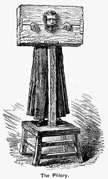 COLONIAL PILLORY. A Pillory as used in colonial America. Wood engraving, 19th century