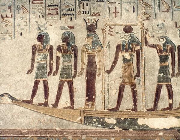 EGYPTIAN ART. The god Knoum on the funerary bark. Fresco from tomb of Ramses III