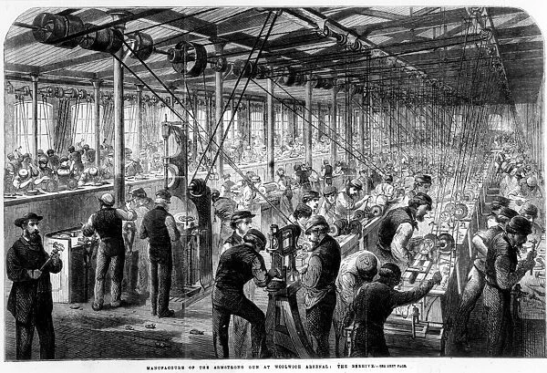 FACTORIES: GREAT BRITAIN. The workroom at Woolwich Arsenal, England. Wood engraving, English, 1862