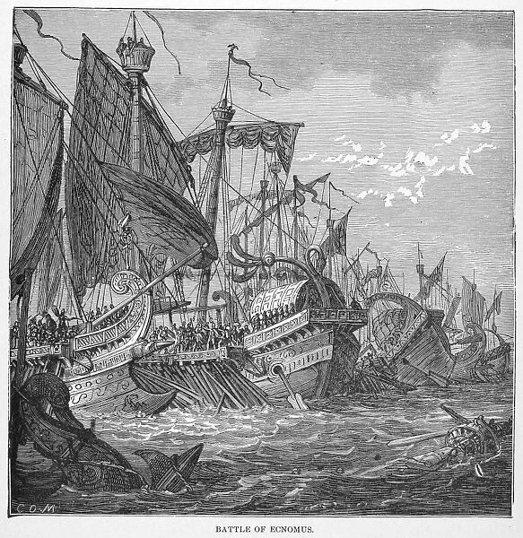 FIRST PUNIC WAR BATTLE. Battle of Ecnomus. In 256 B. C. during the First Punic War, the Roman fleet defeated Carthages fleet at Ecnomus, off the coast of Carthage. Wood engraving, 19th century