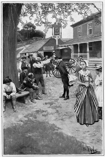 Girls in colonial America listening to an outdoor political discussion. Illustration, 1901, by Howard Pyle