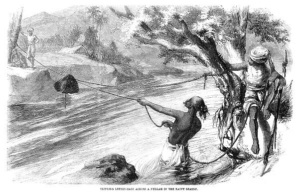 INDIA: MAIL DELIVERY, 1858. Slinging Letter-Bags Across a Nullah in the Rainy Season