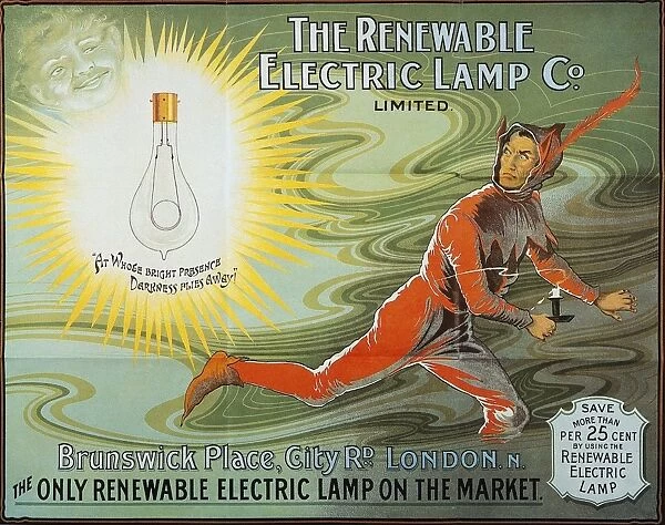 LIGHTBULB AD, 1900. At Whose Bright Presence Darkness Flies Away. English advertisement for the Renewable Electric Lamp Company, 1900