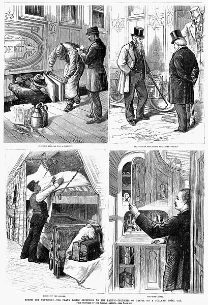 PULLMAN CAR, 1877. Four scenes from a Transcontinental Railroad trip in a Pullman Hotel Car. Wood engravings from an American nespaper of 1877