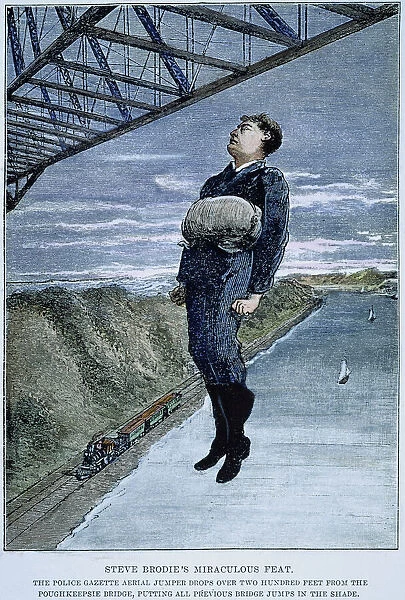 STEVE BRODIE (c1863-c1901). Daredevil Steve Brodie successfully leaping into the Hudson River from the Poughkeepsie Bridge on 9 November 1888. Wood engraving from the Police Gazette