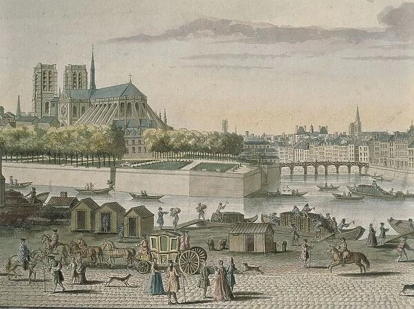 Ile de la Cite (City island), Notre-Dame Cathedral and the Banks of the Seine in Paris in 1770, detail, 18th Century
