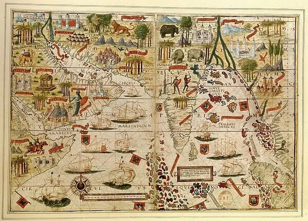 Map of India and Indian Ocean by Pedro and Jorge Reinel, Lopo Homen, cartographers and Antonio de Holanda, miniaturist from Miller Atlas, 1519