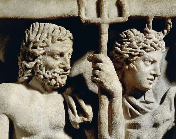 Marble sarcophagus, Relief depicting Prometheus myth, Detail, faces of Neptune and Amphitrite, From Arles