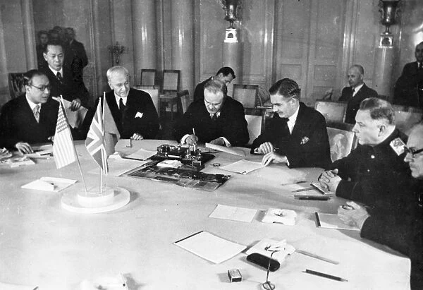 Third moscow conference, 1943, the four signatories to the moscow declaration (left to right): foo ping-sheung, mr, cordell hull, vyacheslav molotov, mr, anthony eden, marshal klementi voroshilov looks on