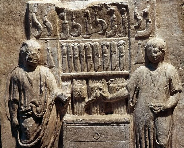 Detail of Roman funerary stele relief depicting workshop of cutler Lucius Cornelius Atimetus