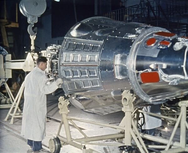 Soviet space probe sputnik 3 in the assembly shop being prepared for its launch on may 15, 1958