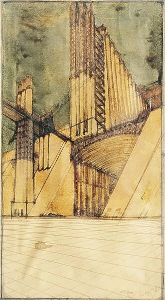 Study for New City, 1914, black, green and red ink on paper