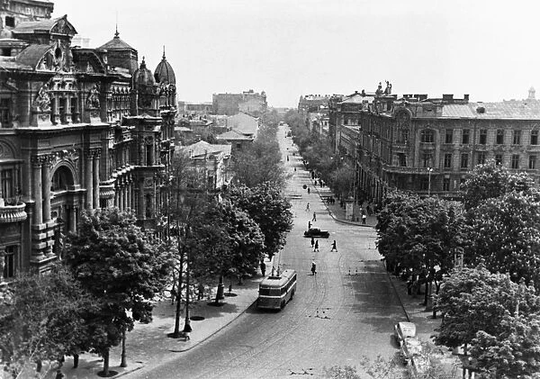 A view of deribasovskaya street in the city of odessa, ukrainian ssr, 1949