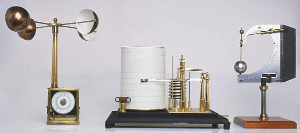 Weather station equipment including wind instruments and, at centre, a barograph
