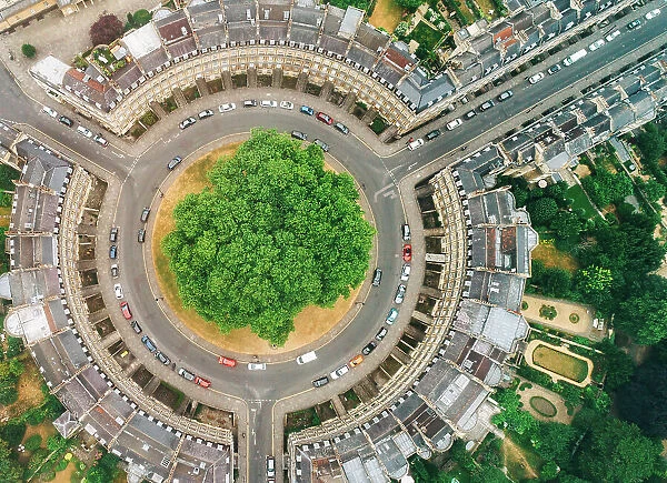 An aerial view of a traffic circle in the city of Bath, UK - stock photo