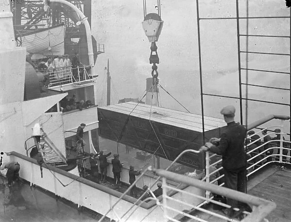 Donald Campbells Bluebird being loaded at Southampton. 22 January 1935