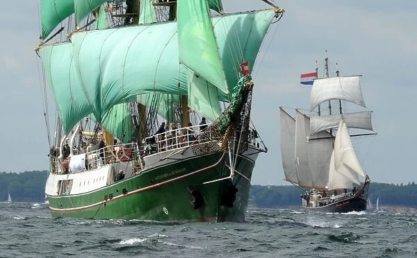 The Alexander von Humboldt (L) tall ship sails off the coast of Kiel, northern Germany on June 20