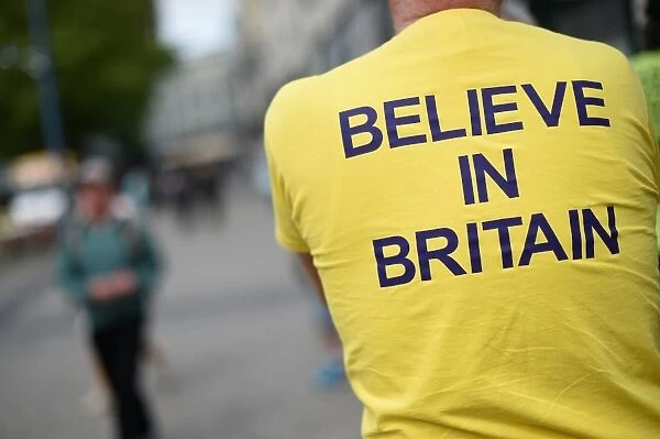 Britain-Eu-Politics. A campaigner wears a T-shirt bearing the slogan 'Believe
