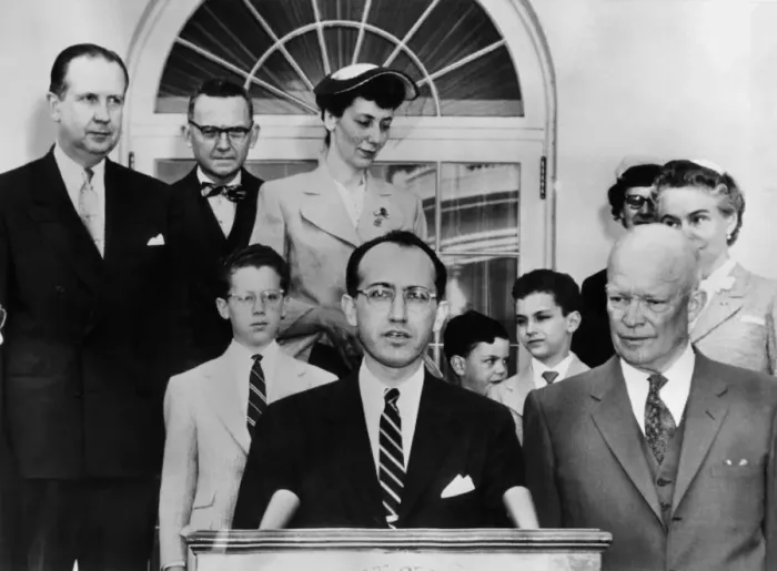 Framed Print : Dr Jonas E. Salk, who developed the anti-polio vaccine, speaking at a White House ceremony after President Eisenhower presented him with a presidential citation Framed Print : Dr Jonas E. Salk, who developed the anti-polio vaccine, speaking at a White House ceremony after President Eisenhower presented him with a presidential citation