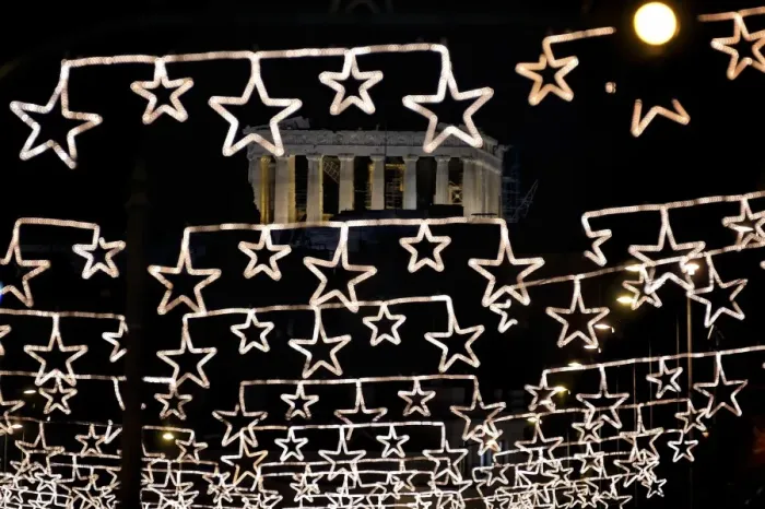 Framed Print : Greece-Christmas-Lights-Feature