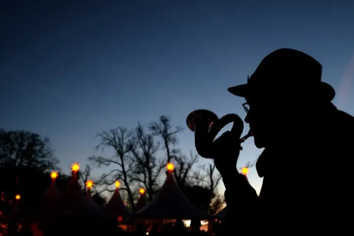Framed Print : Hunters blow the hunting horn at the annual Christmas Market at the castle of Goedens in Sande