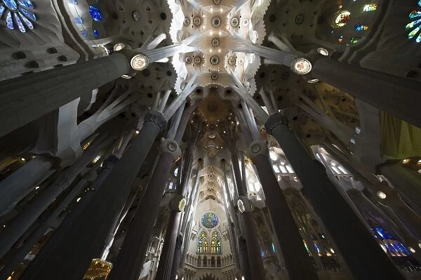Interior view of the Expiatory Church of the Sagrada Familia (Holy Family) basilica