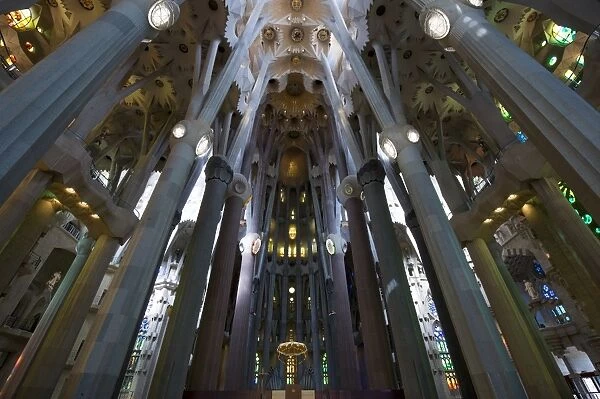 Interior view of the Expiatory Church of the Sagrada Familia (Holy Family) basilica