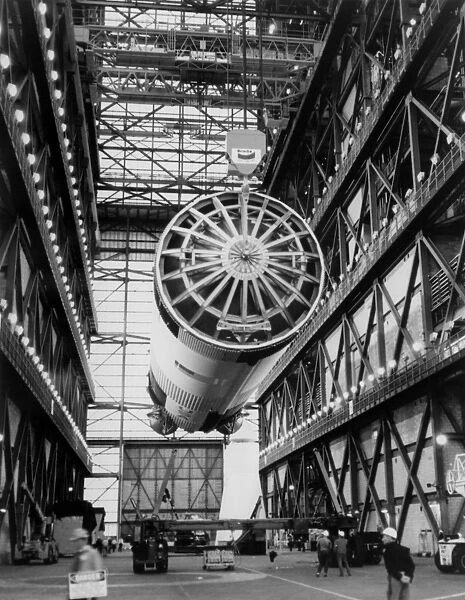 Moon-Apollo XI. The first module of the Apollo XI spacecraft is lifted