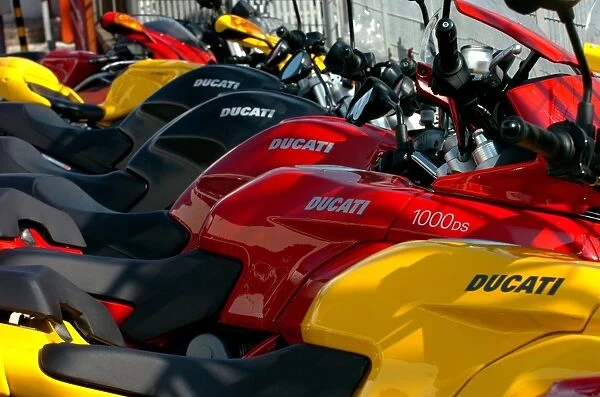 In this photo taken on December 15, 2011, Ducati motorcycles are on display outside