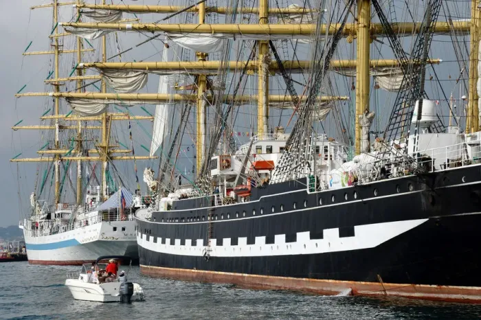 Framed Print : This picture taken on September 27, 2013 shows the Mir (L) and the Krusenstern