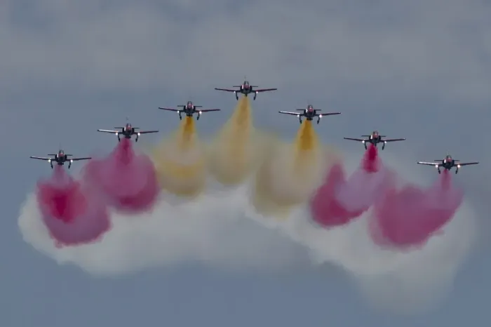 Framed Print : Planes of the Spanish Aguila Patrol perform during the Motril International Air Festival in Motril Framed Print : Planes of the Spanish Aguila Patrol perform during the Motril International Air Festival in Motril