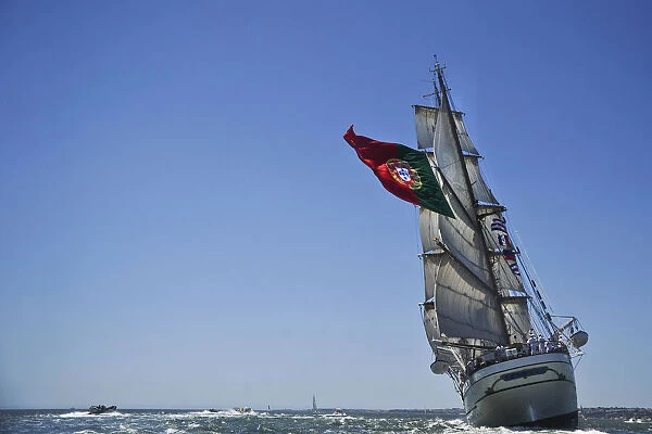 Portuguese sailing boat Sagres sail in Tejo River in Lisbon on July 19, 2012, during
