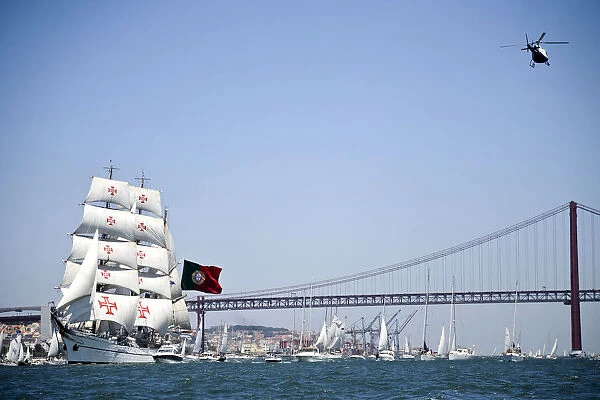 Portuguese sailing boat Sagres sails in Tejo River in Lisbon on July 19, 2012, during