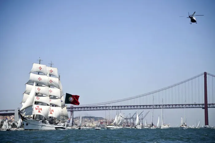 Framed Print : Portuguese sailing boat Sagres sails in Tejo River in Lisbon on July 19, 2012, during