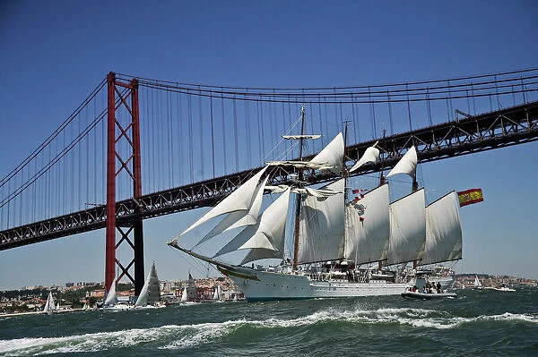 Sailing boat Juan Sebastian De Elcano sails at the Tejo River in Lisbon on July 22