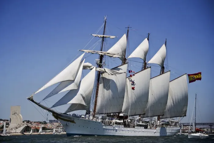 Framed Print : Sailing boat Juan Sebastian De Elcano sails at the Tejo River in Lisbon on July 22