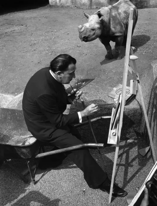 Framed Print : Salvador Dali in front of the rhinoceros, zoo of Vincennes Framed Print : Salvador Dali in front of the rhinoceros, zoo of Vincennes