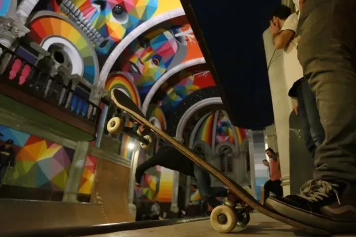 Framed Print : Skateboarders practice at the Kaos Temple skatepark in the northern Spanish village