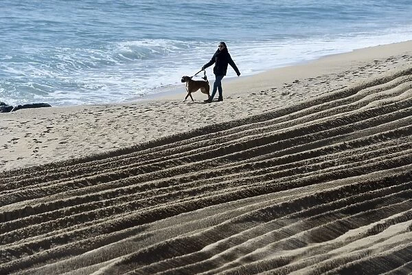 Spain - Beach - Dog. A woman walks her dog on the seashore next to a recently