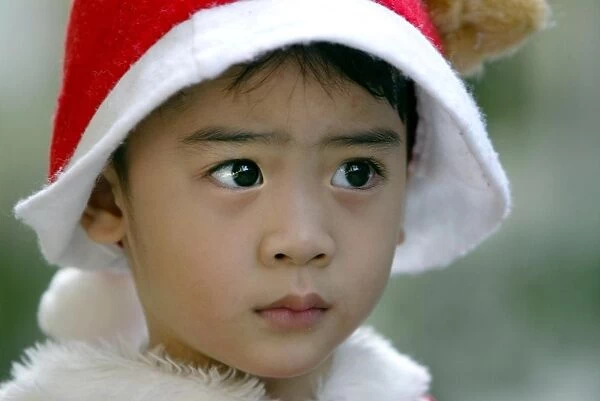 Thailand-Christmas. A Thai boy wearing a Santa Claus hat watches a elephant