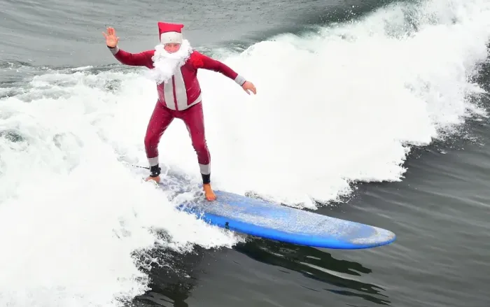 Framed Print : Us-Holiday-Surfing-Santa-Offbeat Framed Print : Us-Holiday-Surfing-Santa-Offbeat