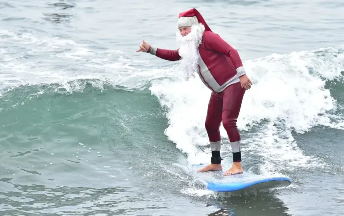 Framed Print : Us-Holiday-Surfing-Santa-Offbeat Framed Print : Us-Holiday-Surfing-Santa-Offbeat