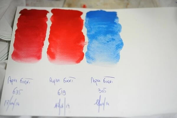 A view of oil paint color tests in a workshop at the Raphael-Isabey-Sennelier factory