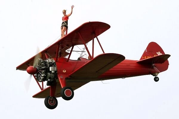 A wing-walker prerforms on a Boeing Stearman Pt13 during the WAG 2009 (World Air