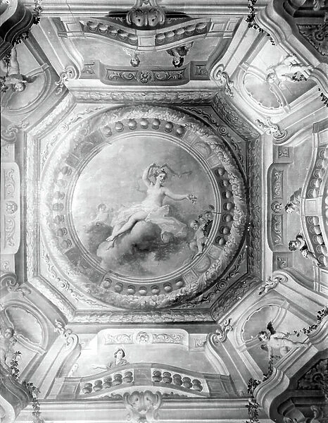 A baroque ceiling on the ground floor at Radnor House, Middlesex, from England's Lost Houses by Giles Worsley (1961-2006) published 2002 (b / w photo)