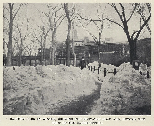 Battery Park in Winter, showing the Elevated Road and, beyond, the Roof of the Barge Office (b  /  w photo)